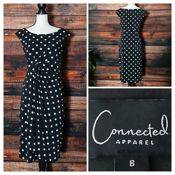 Connected Apparel Dress Size 8 Black White Polka Dot Faux Wrap Boat Neck Stretch - Picture 1 of 9